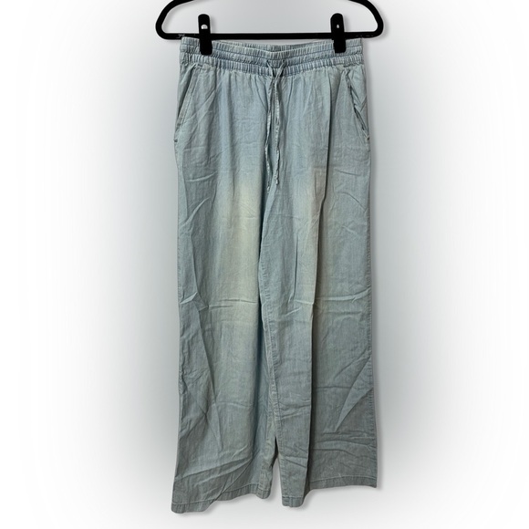 Garnet Hill Sz Small Wide Leg Chambray Pants Pull On Drawstring Lyocell Pockets - Picture 1 of 6